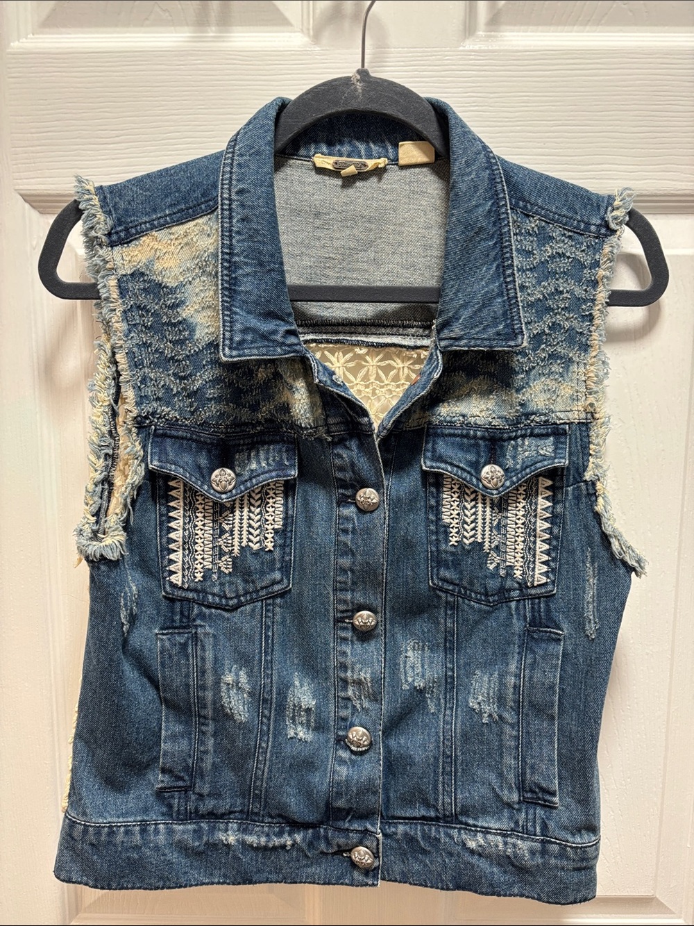 Miss Me Blue Distressed Embroidered Denim Vest